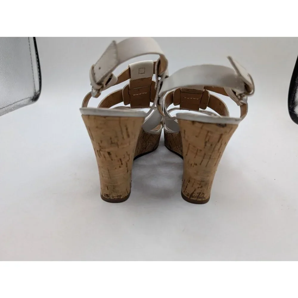 Franco Sarto White Leather Strappy Cork Wedge Sandals Size 7 With Adjustable Buc